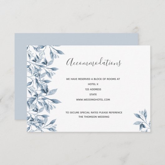 宿泊施設結婚ブルーホワイトフローラ エンクロージャーカード (正面/裏面)
