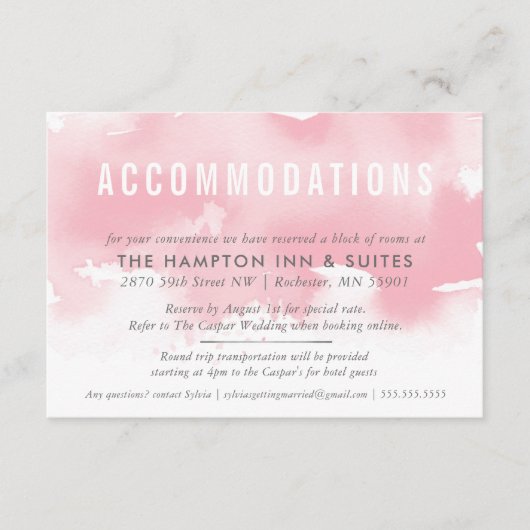 宿泊用カードスタイリッシュ水彩赤面ピンク エンクロージャーカード (正面)