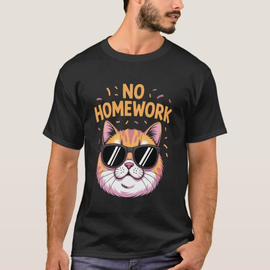 宿題なしの猫が学校の初日に面白い Tシャツ (正面)