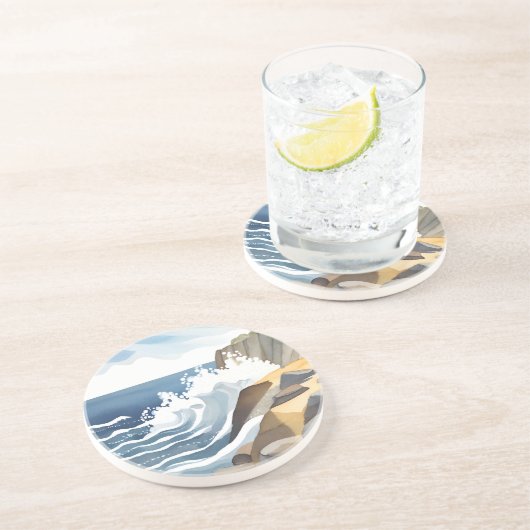 寄せ波 | 岩だらけの海岸 水彩画 コースター (側面)