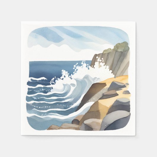 寄せ波 | 荒磯の海岸 水彩画 スタンダードカクテルナプキン (正面)