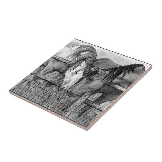 寄り添っている馬: 鉛筆のスケッチ、現実主義 タイル (側面)