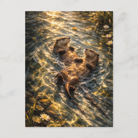 寄り添って流れる | カワウソの絵 | ポストカード (正面)