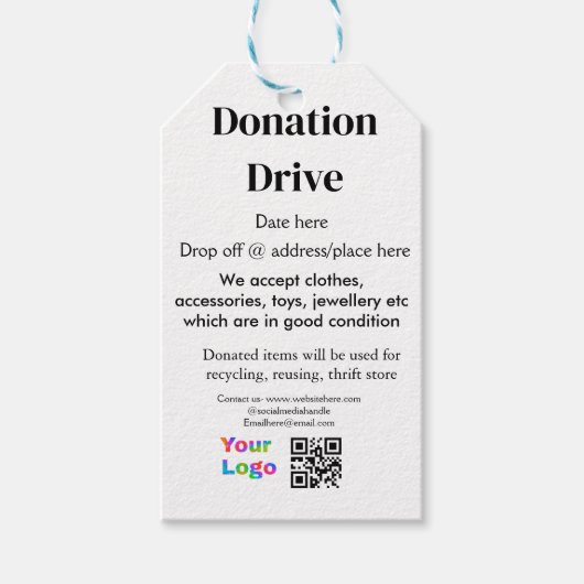 寄付ドライブ追加アドレス日付ビジネス名のロゴ ギフトタグ (正面)