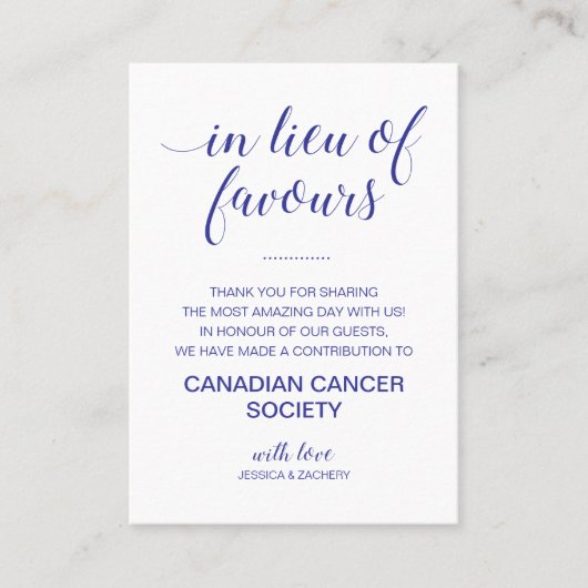 寄付金の代わりにネイビーブルー結婚 プレイスカード (正面)