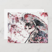 寄生虫が咲き乱れる芸者ネコとチのさくらんぼ ポストカード (正面/裏面)