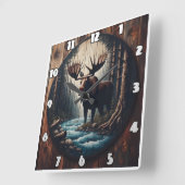 密威厳のある林の川のそばでムース スクエア壁時計 (傾斜)