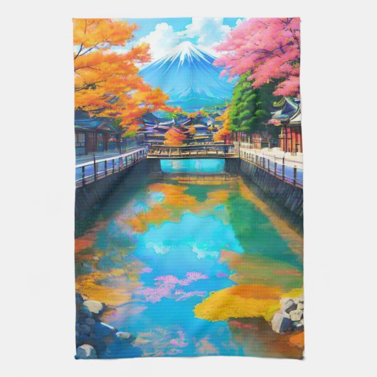富士の水鏡: 静かな水面に映る富士山 キッチンタオル (縦)