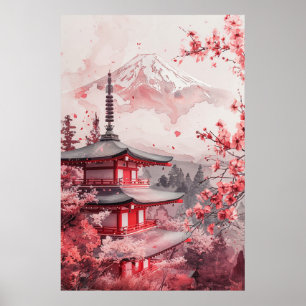 富士山と塔 - 古典的な日本の風景 ポスター