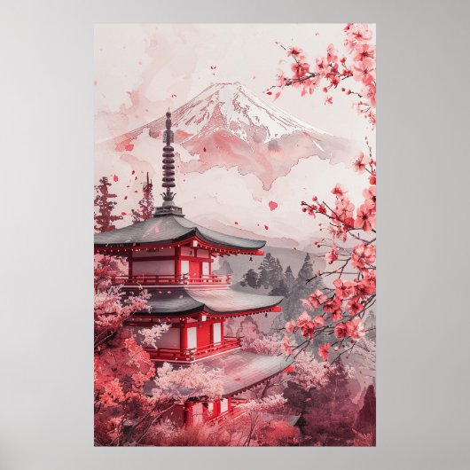 富士山と塔 - 古典的な日本の風景 ポスター (正面)