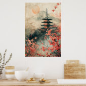 富士山と塔 - 古典的な日本の風景 ポスター (キッチン)