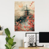 富士山と塔 - 古典的な日本の風景 ポスター (ホームオフィス)