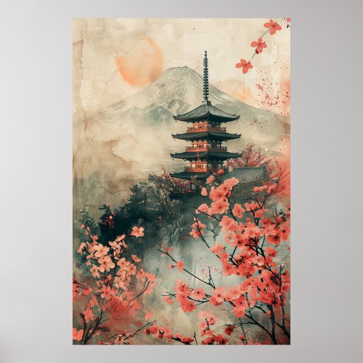富士山と塔 - 古典的な日本の風景 ポスター (正面)