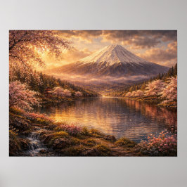 富士山と桜の油絵アート ポスター