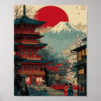 富士山と赤い塔のポスター - 日本の日の出 ポスター