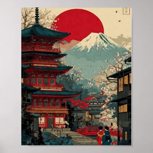 富士山と赤い塔のポスター - 日本の日の出 ポスター (正面)
