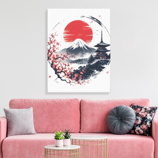 富士山のサンセットセレニティ – 日本の墨絵アート キャンバスプリント (インサイチュ (リビング))
