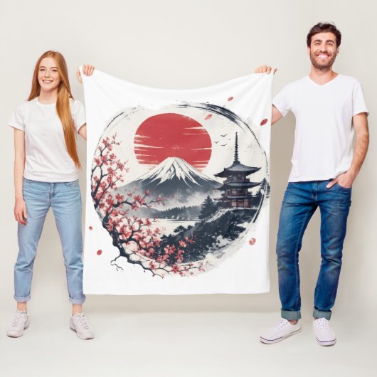 富士山のサンセットセレニティ – 日本の墨絵アート フリースブランケット (インサイチュ)