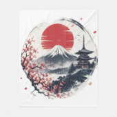 富士山のサンセットセレニティ – 日本の墨絵アート フリースブランケット (正面)