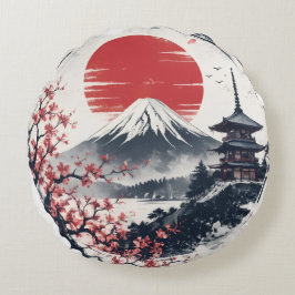 富士山のサンセットセレニティ – 日本の墨絵アート ラウンドクッション