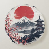 富士山のサンセットセレニティ – 日本の墨絵アート ラウンドクッション (裏面)
