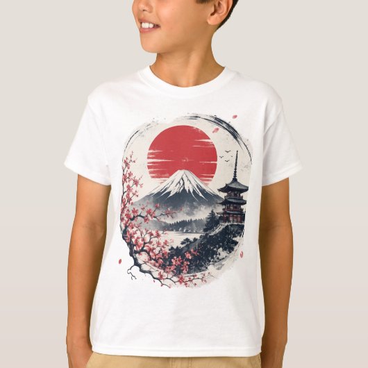 富士山のサンセットセレニティ – 日本の墨絵アート Tシャツ (正面)