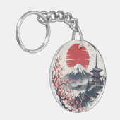 富士山のサンセットセレニティ – 日本画風アート  キーホルダー (正面左)