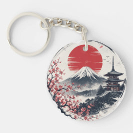 富士山のサンセットセレニティ – 日本画風アート キーホルダー
