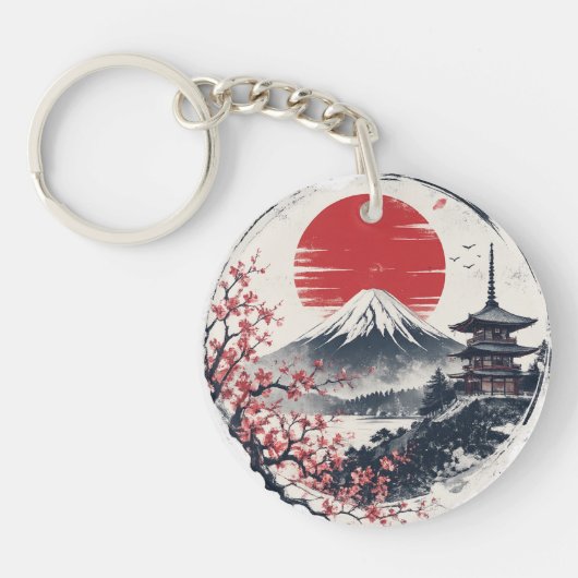 富士山のサンセットセレニティ – 日本画風アート  キーホルダー (正面)