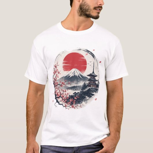 富士山のサンセットセレニティ - 日本画風アート Tシャツ (正面)