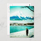富士山の下を歩く冬富士山ヴィンテージ日本 ポストカード (正面/裏面)