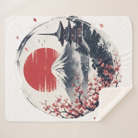 富士山の夕暮れの静寂 – 日本画風アート シェルパブランケット (正面(横))