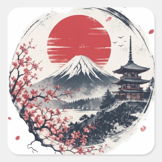 富士山の夕暮れの静寂 – 日本画風アート  スクエアシール (正面)