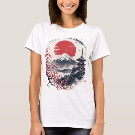 富士山の夕暮れの静寂 – 日本画風アート Tシャツ (正面)