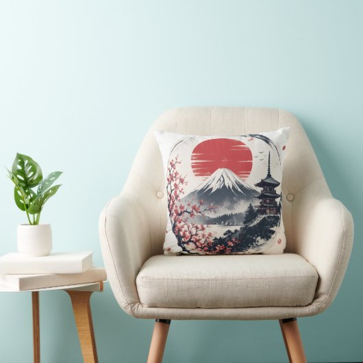 富士山の夕焼けの静寂 – 日本の墨絵芸術  クッション (椅子)