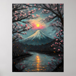 富士山の夕焼け桜の山の芸術 ポスター
