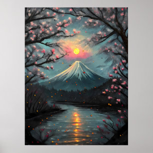 富士山の夕焼け桜の山の芸術 ポスター