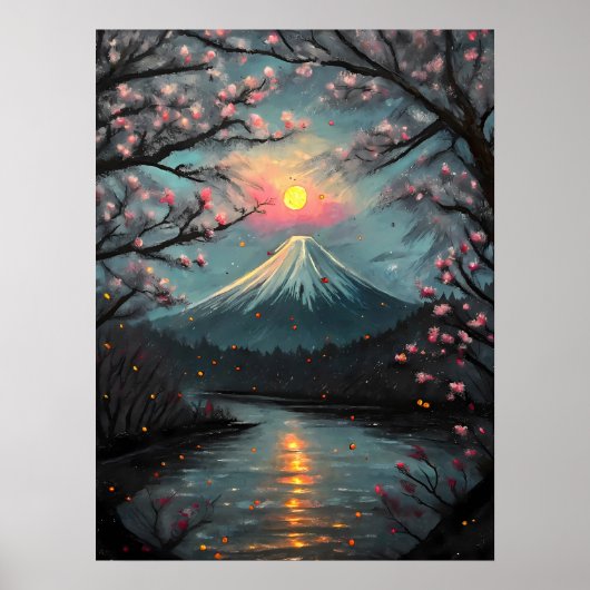 富士山の夕焼け桜の山の芸術 ポスター (正面)