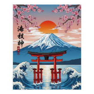 富士山の日の出と鳥居門 ポスター
