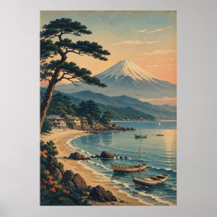 富士山の月明かりに照らされたビーチのビンテージ風日本風景 ポスター