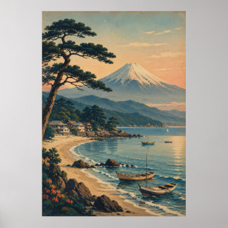 富士山の月明かりに照らされたビーチのビンテージ風日本風景 ポスター