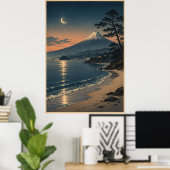 富士山の月明かりの海辺 ビンテージの日本風景 ポスター (ホームオフィス)