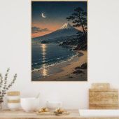 富士山の月明かりの海辺 ビンテージの日本風景 ポスター (キッチン)