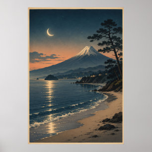 富士山の月明かりの海辺 ビンテージの日本風景 ポスター