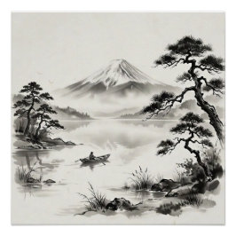富士山の水墨画風景 ポスター