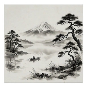 富士山の水墨画風景 ポスター