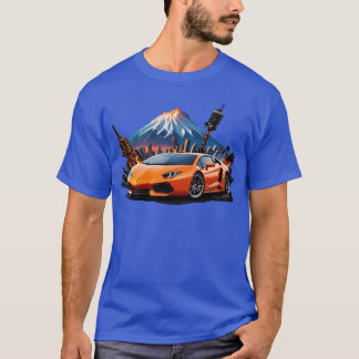 富士山をバックにしたスポーツカーのレトロな少年 Tシャツ
