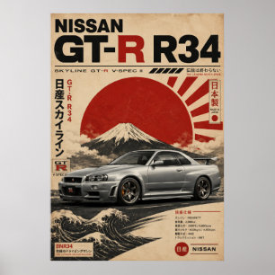 富士山を背景にした日本のスポーツカーのビンテージポスター ポスター