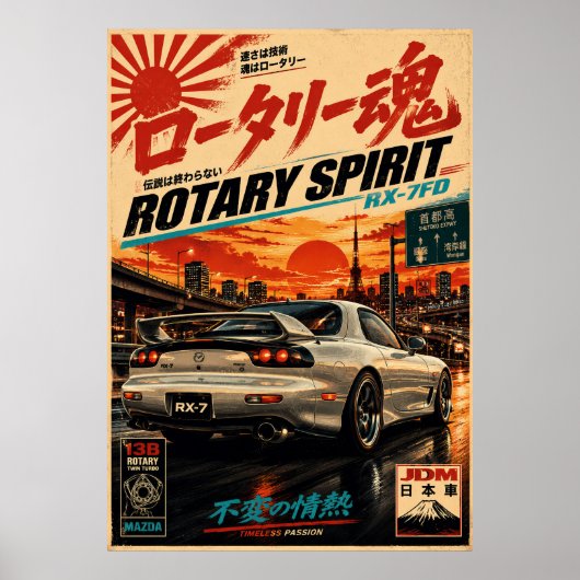 富士山を背景にした日本のスポーツカーのビンテージポスター ポスター (正面)