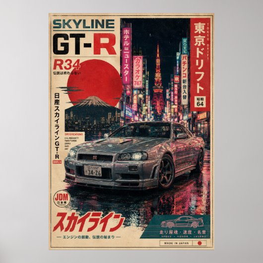 富士山を背景にした日本のスポーツカーのビンテージポスター ポスター (正面)